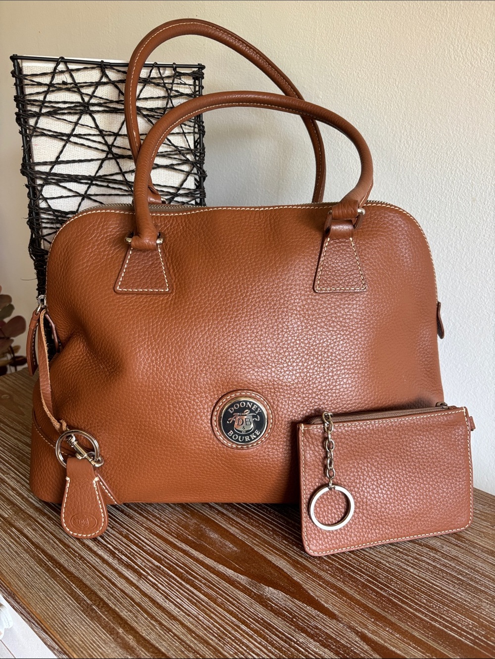 Dooney & Bourke Caramel Brown Pebbled Leather Satchel with Zip Pouch